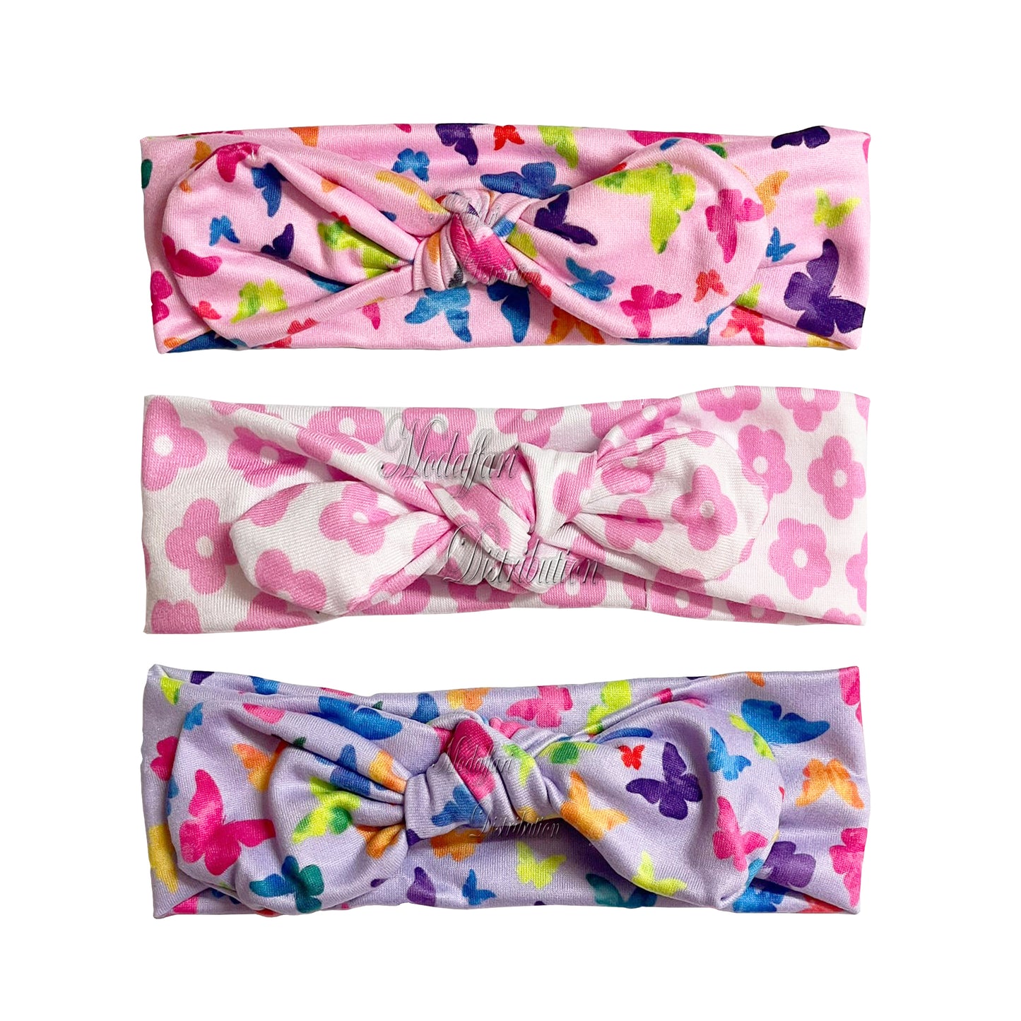 Fasce per Capelli Bambina, Motivo Farfalle e Fiori Colorati, Elastiche con Nodo, Rosa, Bianco e Lilla