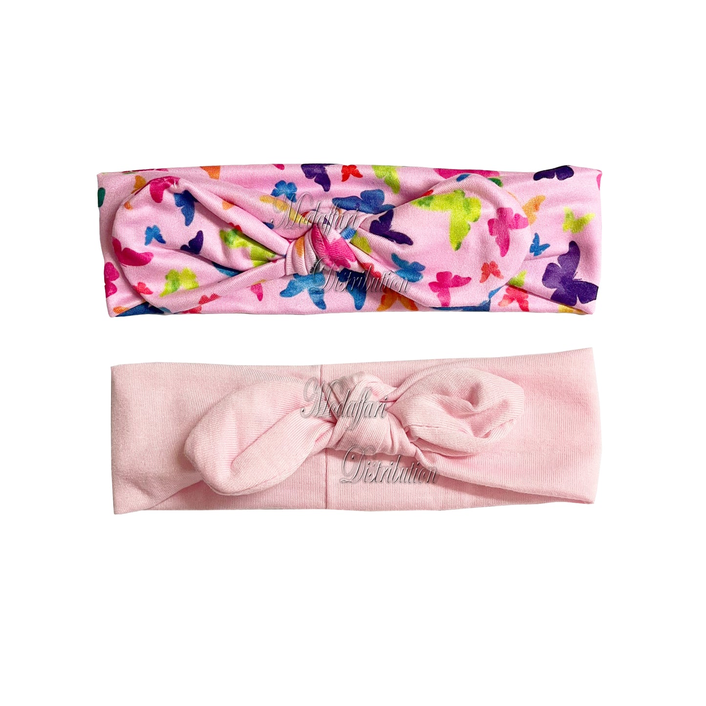 Fasce per Capelli Bambina, Motivo Farfalle e Fiori Colorati, Elastiche con Nodo, Rosa, Bianco e Lilla