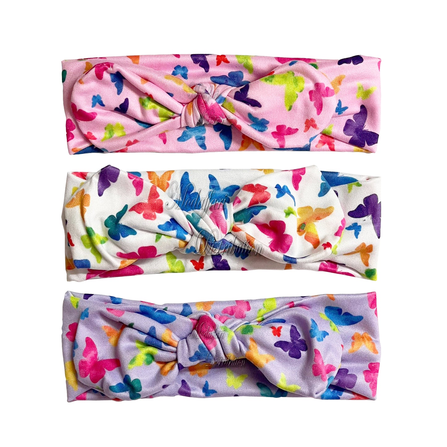 Fasce per Capelli Bambina, Motivo Farfalle e Fiori Colorati, Elastiche con Nodo, Rosa, Bianco e Lilla